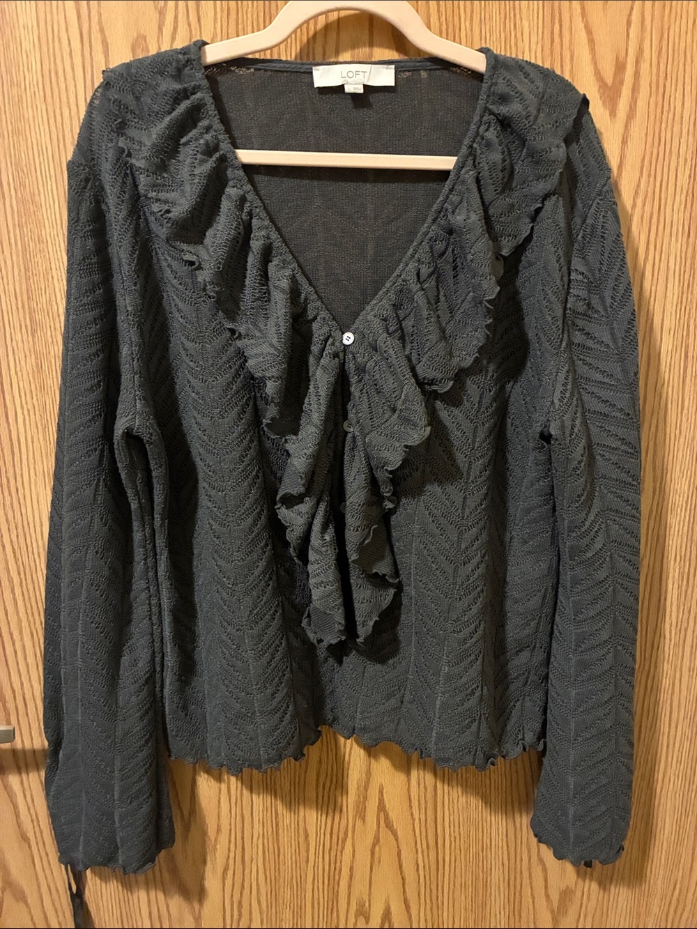 LOFT Dark Charcoal Ruffle-Front Knit Cardigan